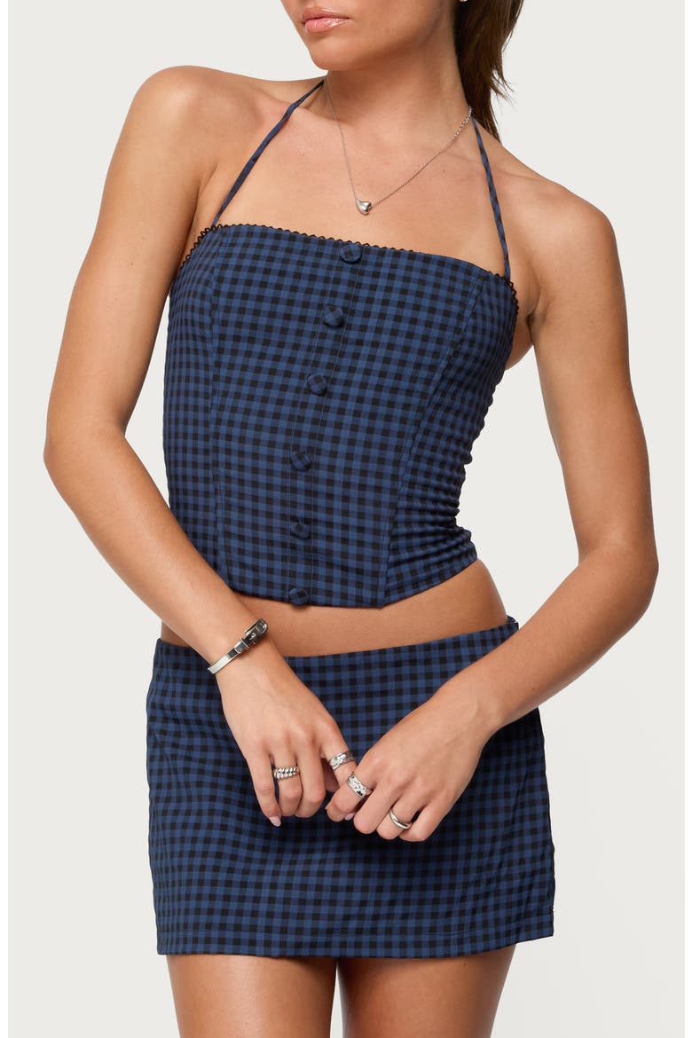 Winsley Gingham Halter Corset Top, Main, color, BLUE-AND-BLACK