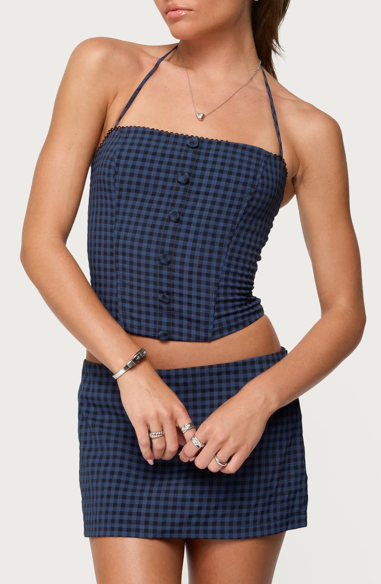 EDIKTED Winsley Gingham Halter Corset Top, Main, color, Blue-And-Black