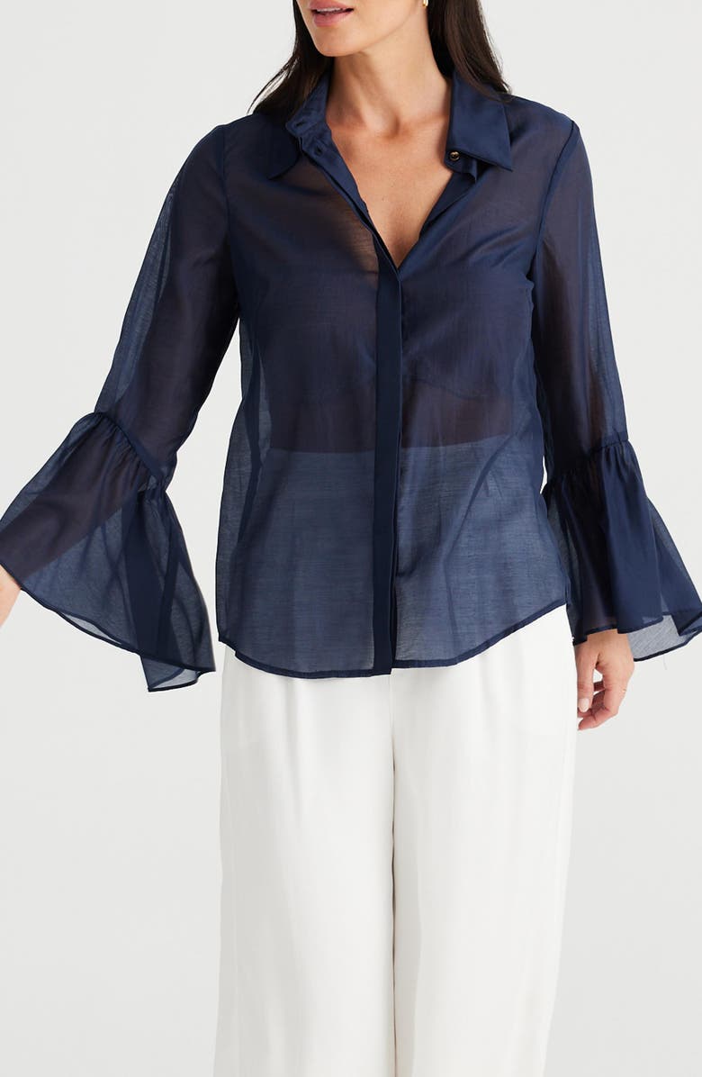 Brave+True Miranda Bell Sleeve Button-Up Shirt, Main, color, Navy