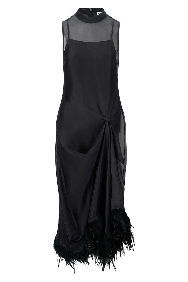 Lola Feather Trim Silk Midi Dress, Main, color, BLACK