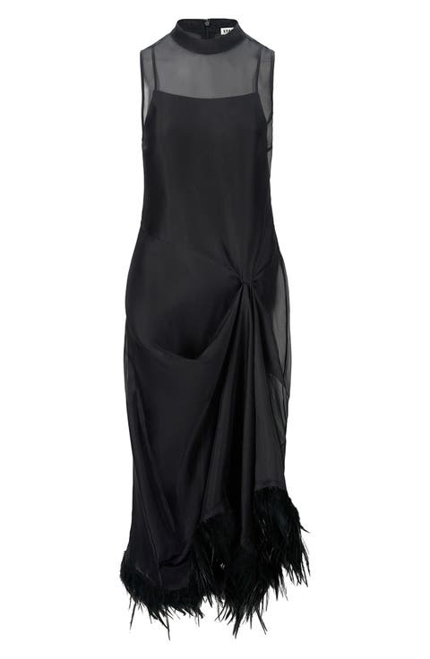 Lola Feather Trim Silk Midi Dress