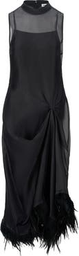 STAUD Lola Feather Trim Silk Midi Dress