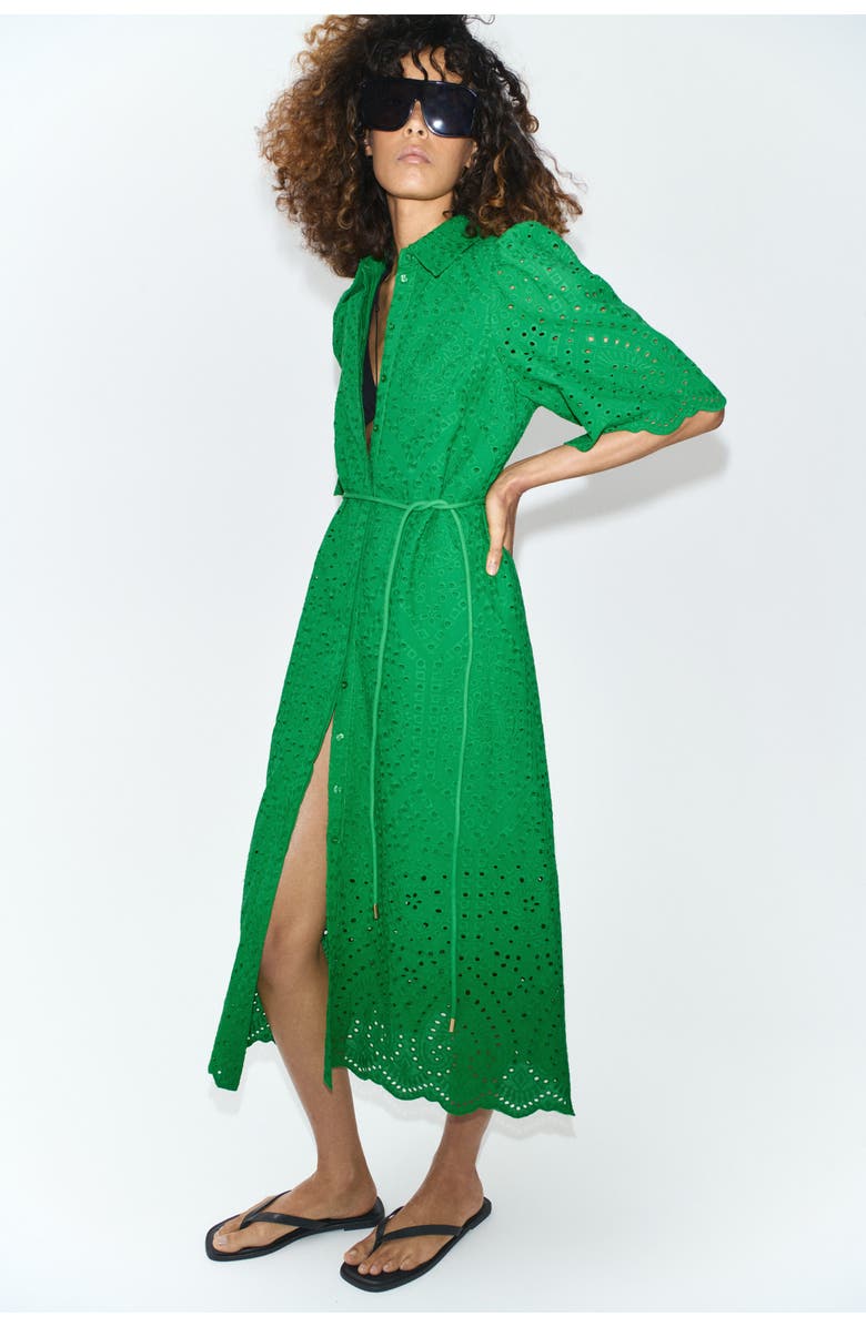 H&M Broderie-anglaise Cotton Shirt Dress, Alternate, color, Green