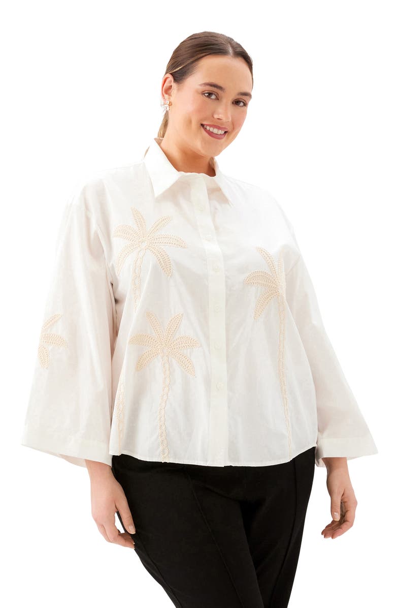 Karen Kane Embroidered Palm Tree Cotton Button-Up Shirt, Alternate, color, Off White