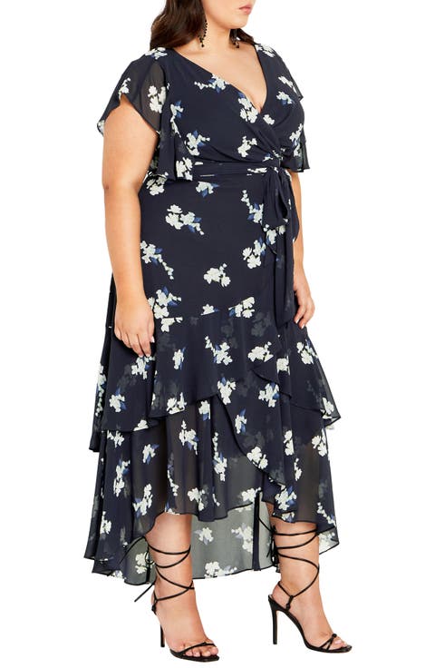 Demure Floral Faux Wrap High-Low Dress (Plus)