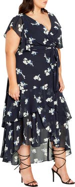 City Chic Demure Floral Faux Wrap High-Low Dress