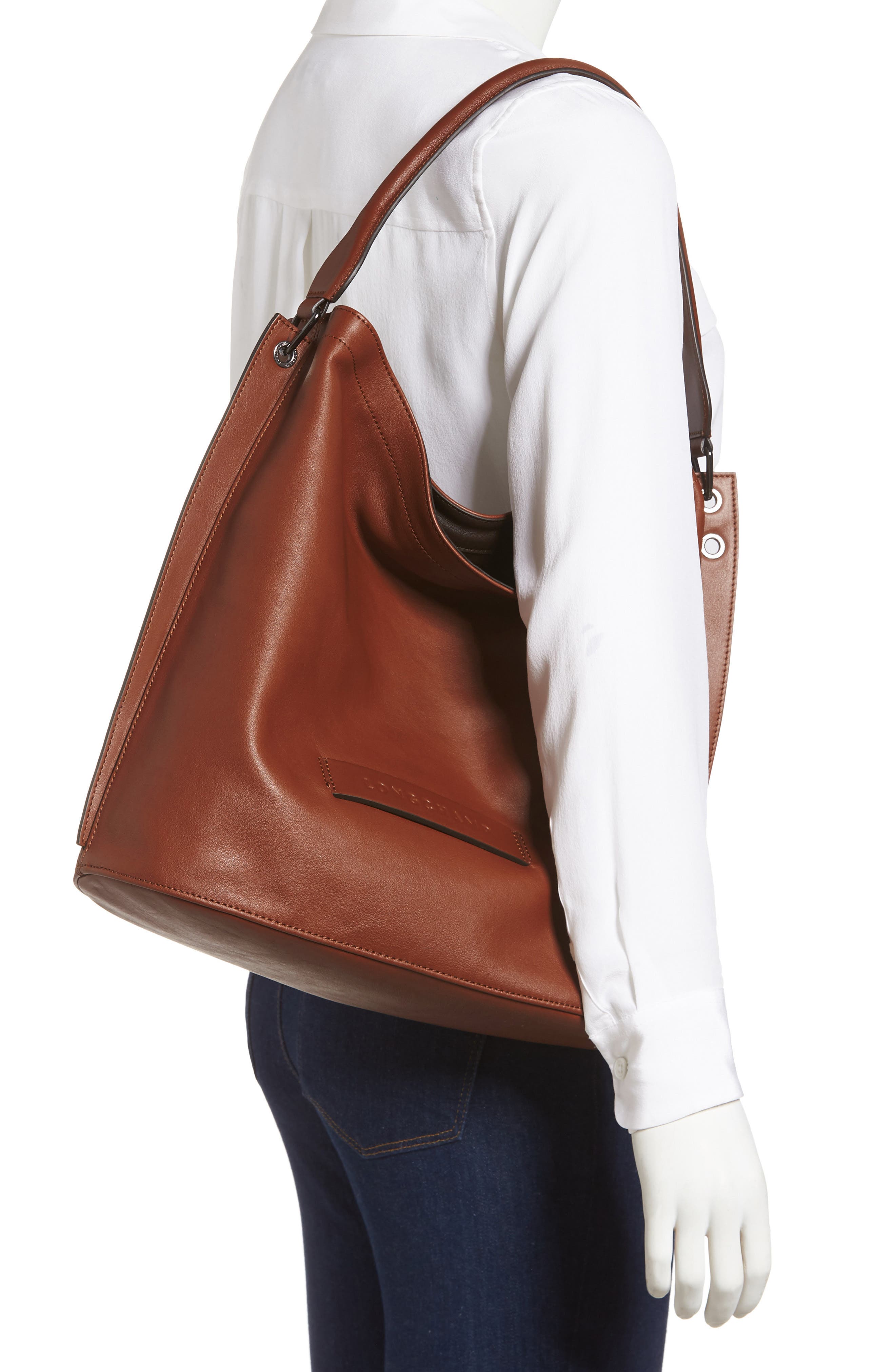 Longchamp 3D Leather Hobo, Alternate, color, Cognac