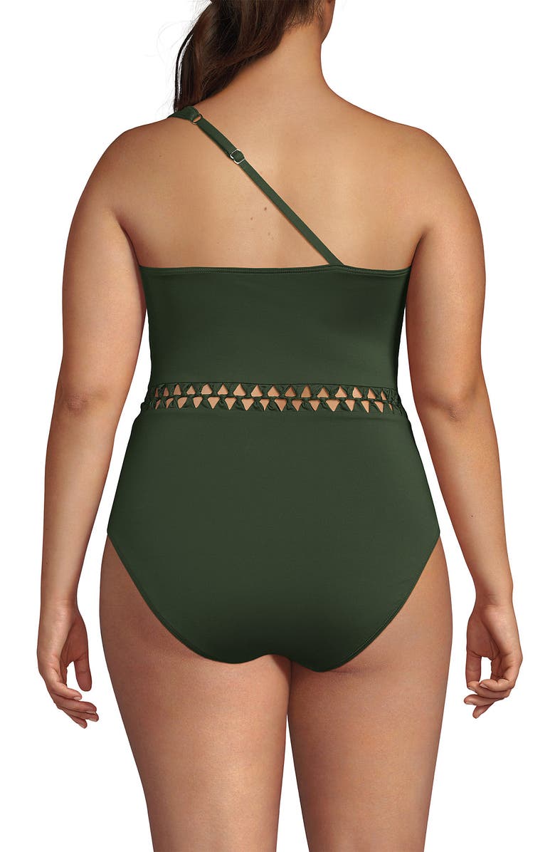 Lands' End Macrame One Shoulder High Leg One Piece Swimsuit, Alternate, color, Rich Olive Green