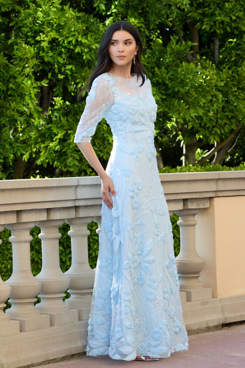 3/4 Sleeve High Neck Embroidered A Line Gown, Alternate, color, Periwinkle
