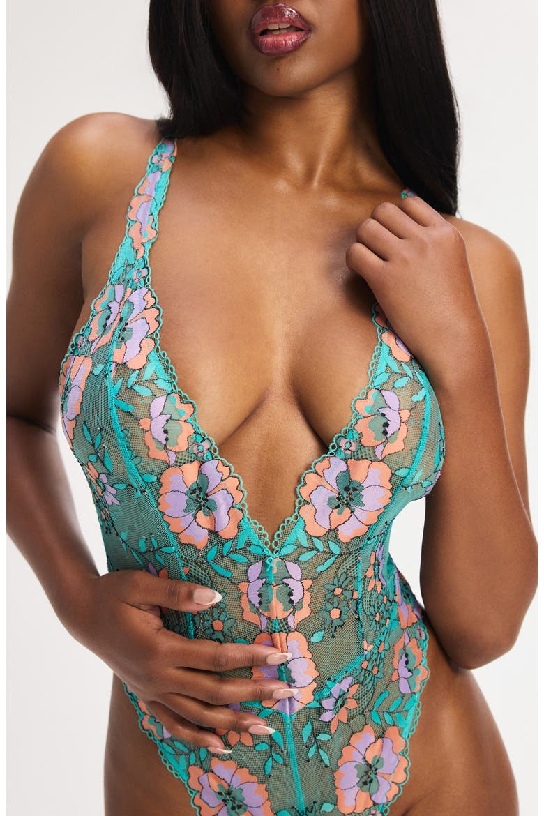 Floral Trip Lace Teddy, Alternate, color, TEAL THUNDER