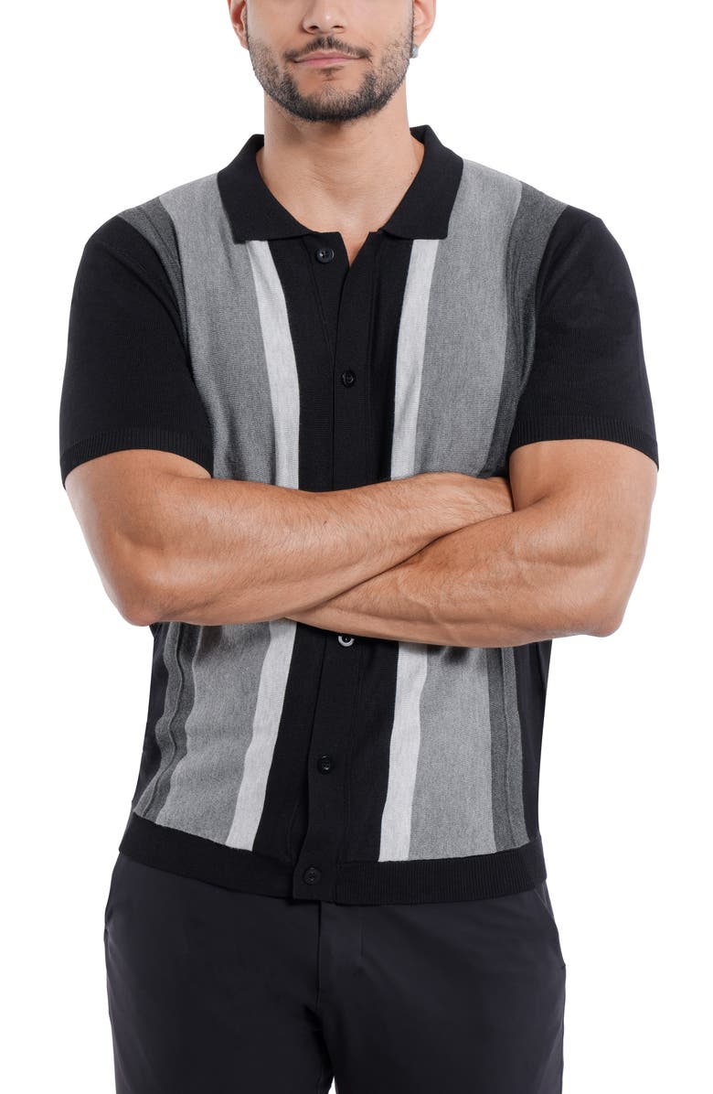 Spring + Mercer Stripe Short Sleeve Button-Up Polo Sweater, Alternate, color, Black/ Grey