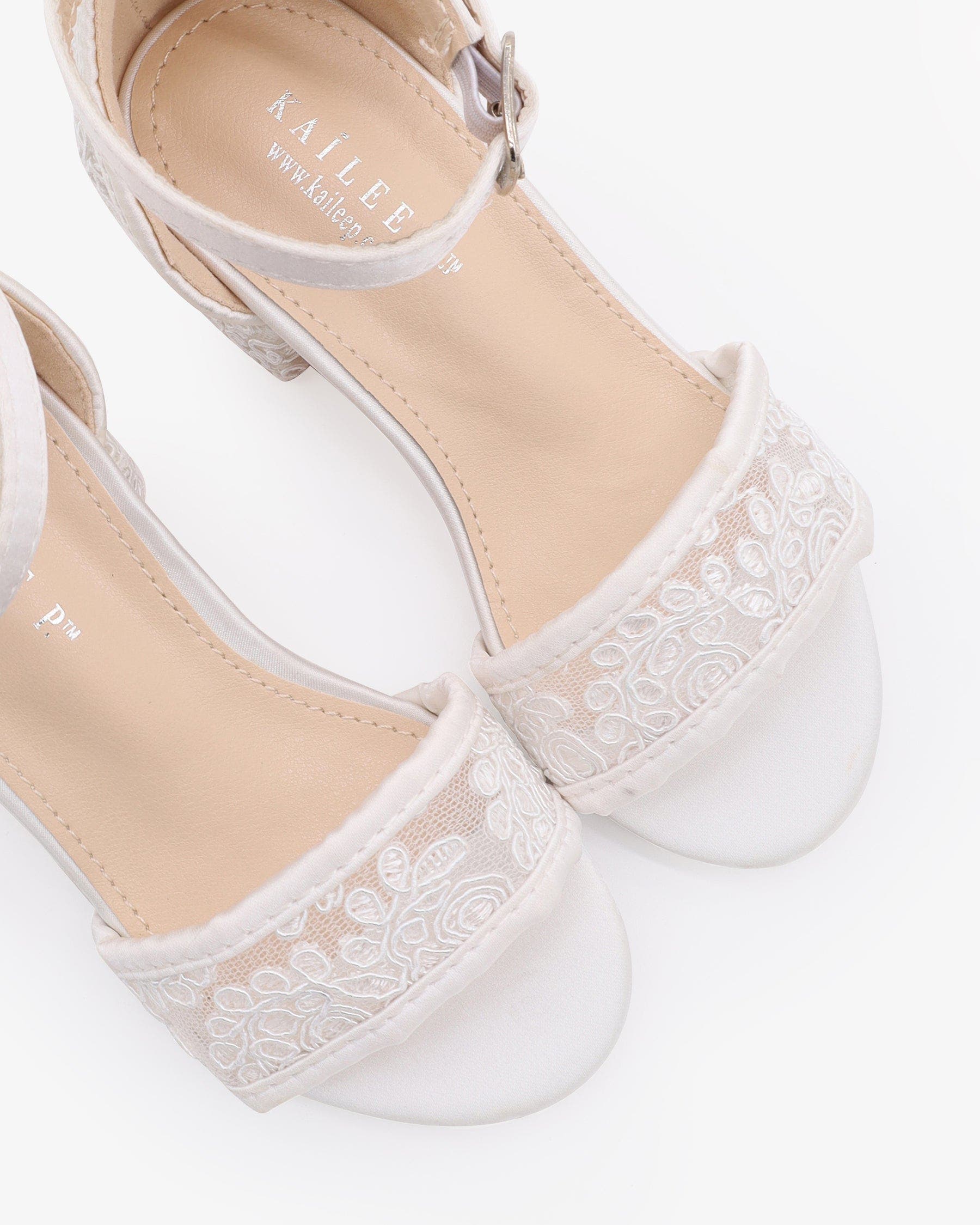 Kailee P Lily Crochet Lace Low Block Heel Girls Sandals, Alternate, color, White