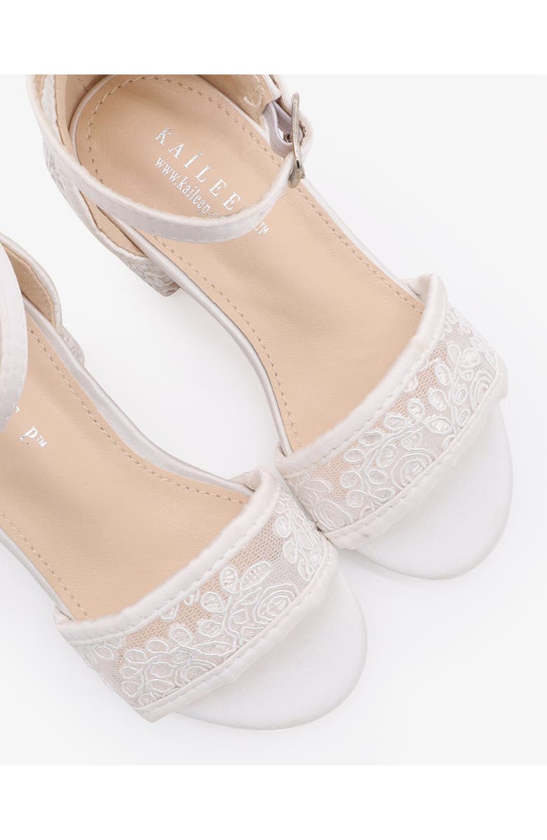 Kailee P Lily Crochet Lace Low Block Heel Girls Sandals, Alternate, color, White