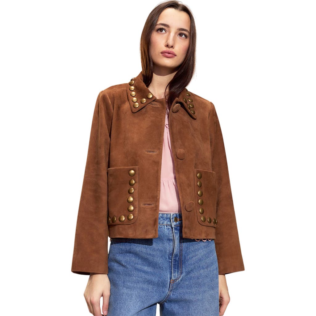 Cynthia Rowley Studded Suede Cropped Jacket In Brown