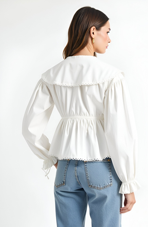 Modenaire Peplum Blouse With Oversized Collar, Scalloped Trim And Long Sleeves In White