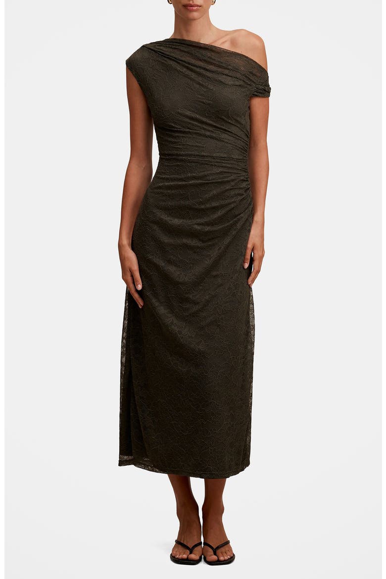Paris Asymmetric Lace Midi Dress, Main, color, OLIVE NIGHT
