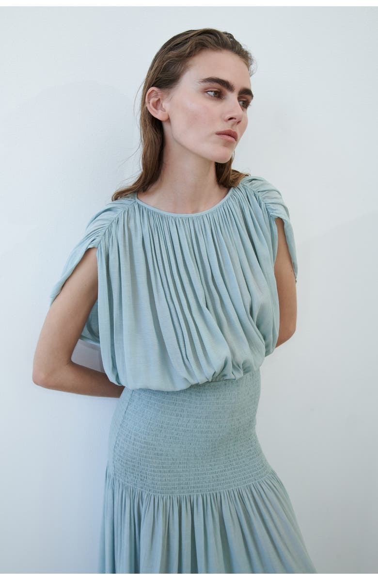 H&M Smocked Cape-detail Dress, Alternate, color, Light Turquoise
