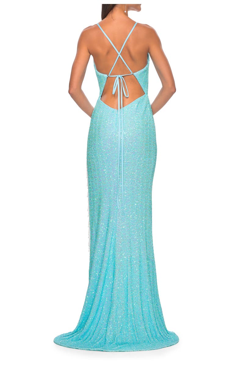 La Femme Sequin Dress with Stunning Fringe Beaded Slit, Alternate, color, Light Blue