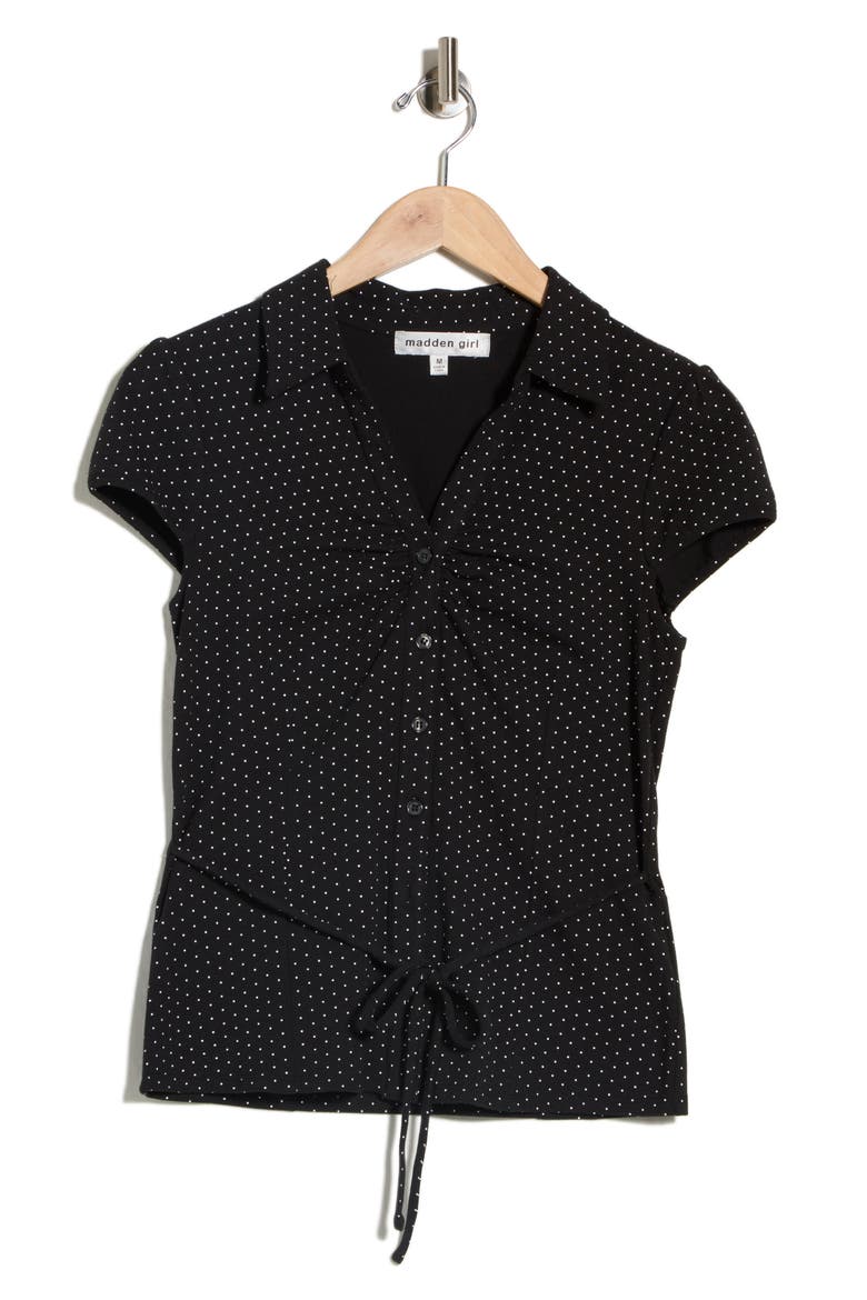 Ruched Cap Sleeve Tie Waist Shirt, Alternate, color, BLACK WHITE