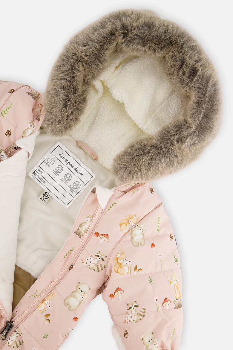 Woodland Creatures One Piece Romper & Neckwarmer Snowsuit, Alternate, color, Pink Animal Print
