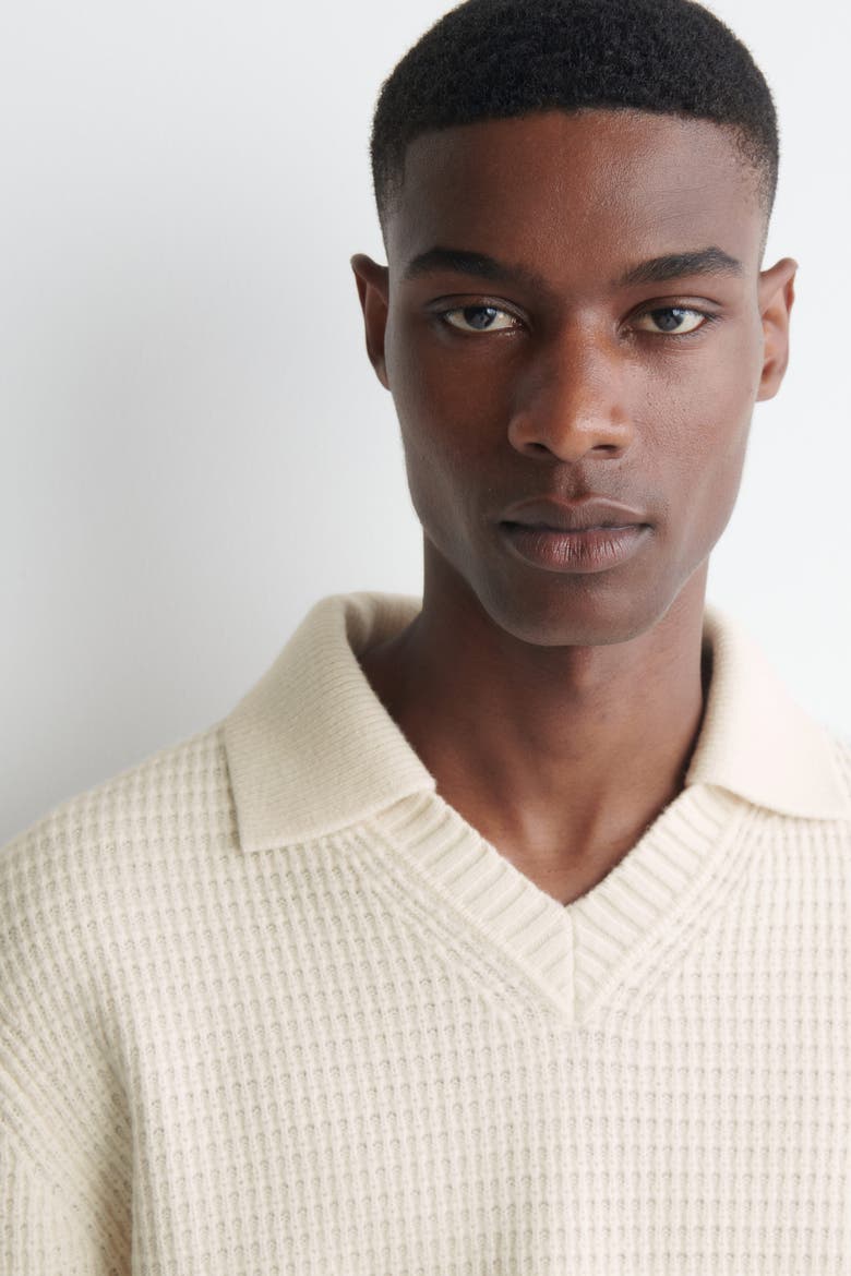 Waffle-Knit Wool Polo Sweater, Alternate, color, CREAM