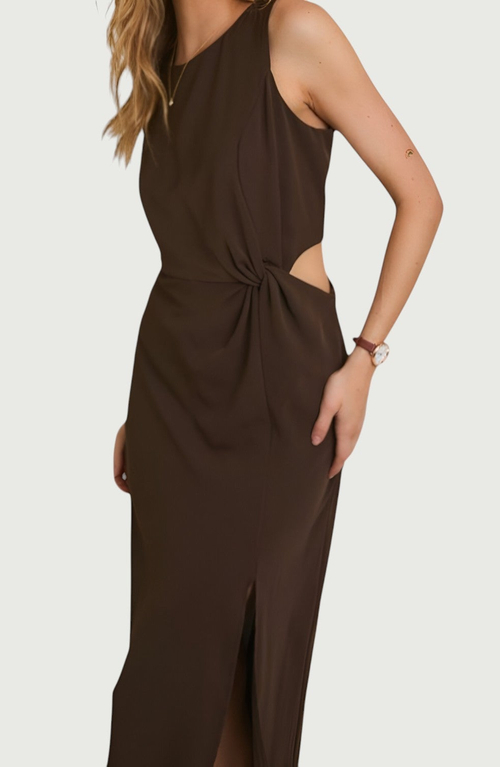 Modenaire Sleeveless Side Twist Front Slit Midi Dress In Brown