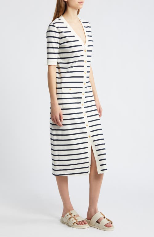 Frame Stripe Henley Midi Dress In Navy Multi