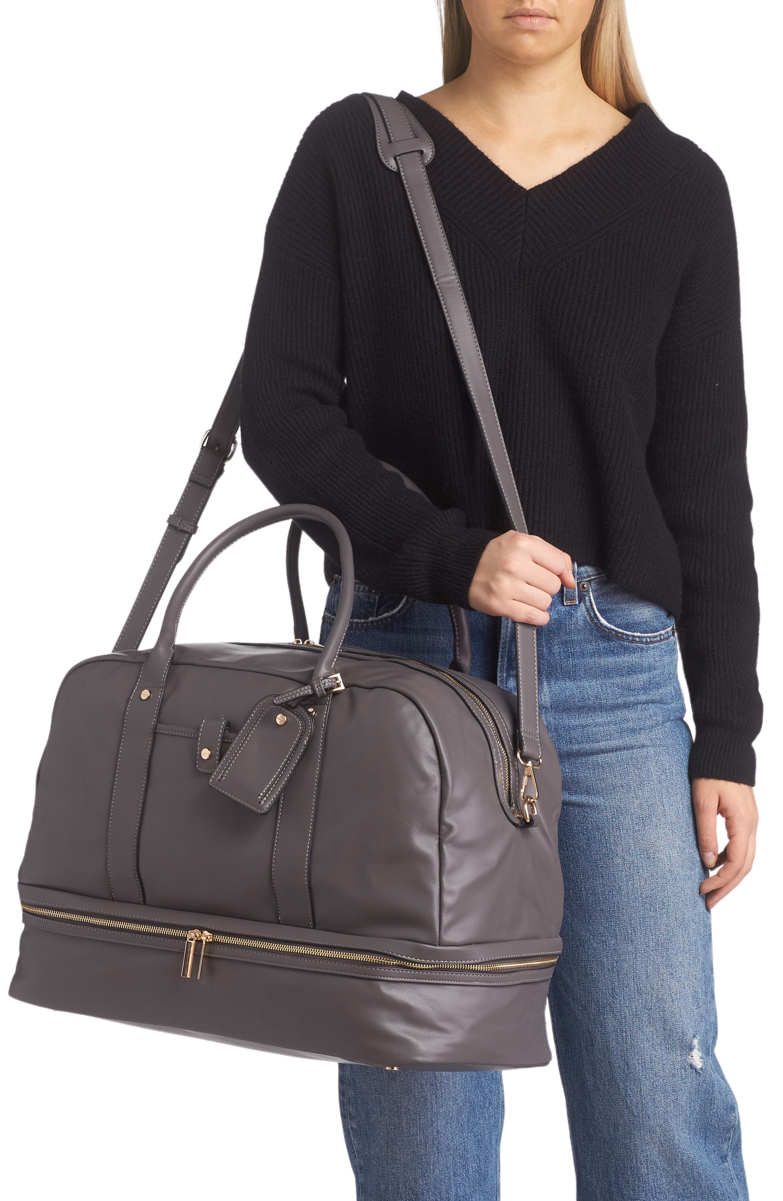 Mali + Lili Riley Vegan Leather Weekend Travel Bag, Alternate, color, Charcoal