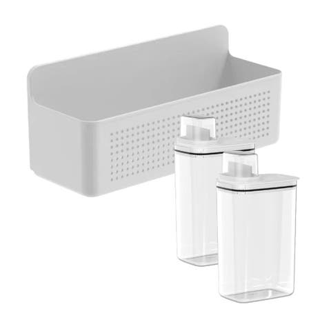 Clear Airtight 77oz Laundry Detergent Dispenser Set with Measuring Cap and Wall Mounted Storage Basket, 3 Piece Organizer