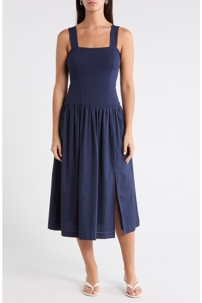 Raziela Mixed Media Midi Dress, Main, color, NAVY