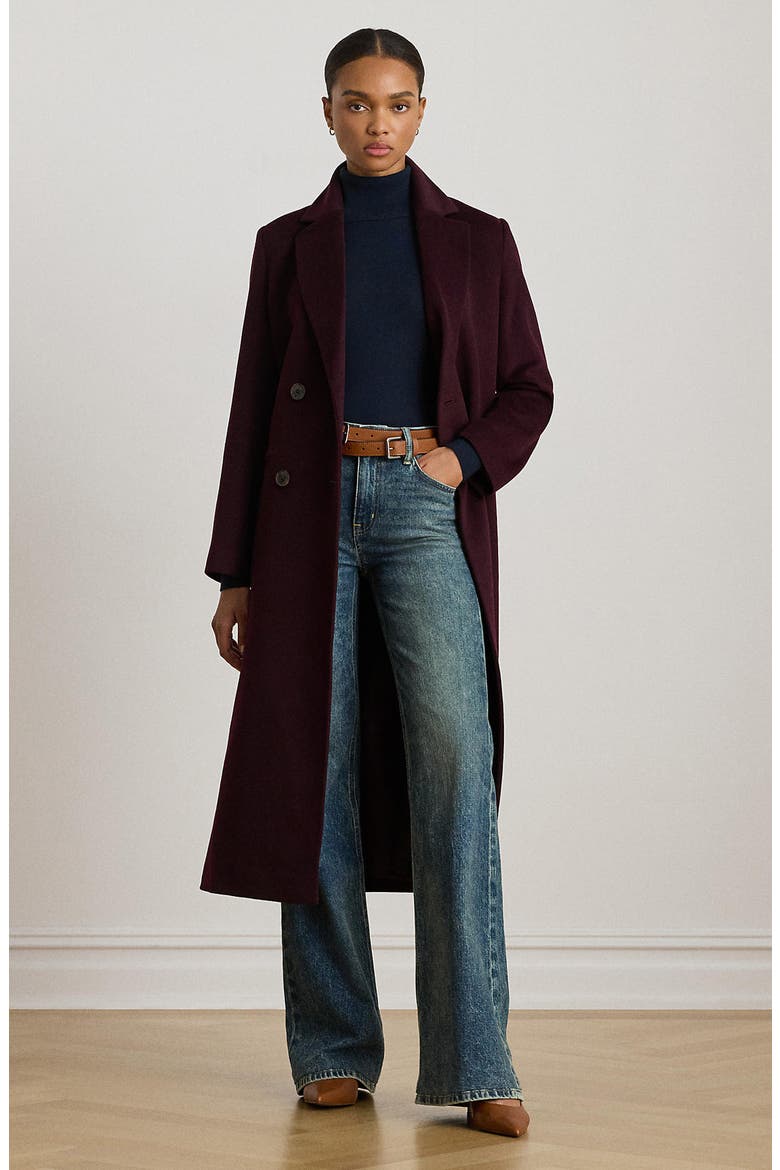 Double Breasted Wool Blend Reefer Coat, Alternate, color, PINOT NOIR