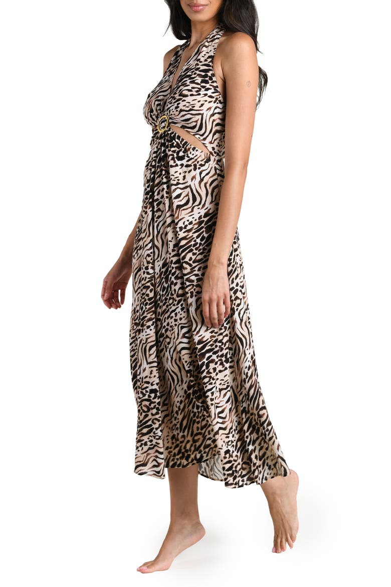 Fierce Territory Cutout Halter Neck Swim Cover-Up Dress, Alternate, color, TAUPE
