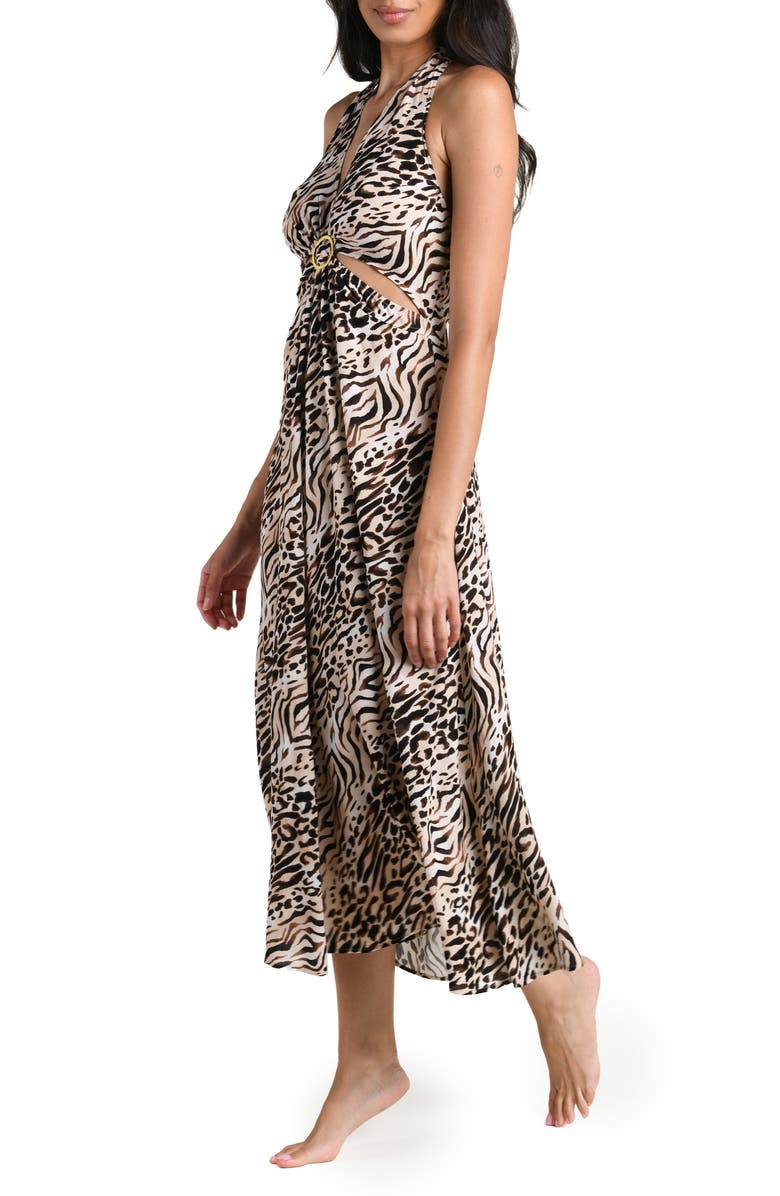 La Blanca Fierce Territory Cutout Halter Neck Swim Cover-Up Dress, Alternate, color, Taupe