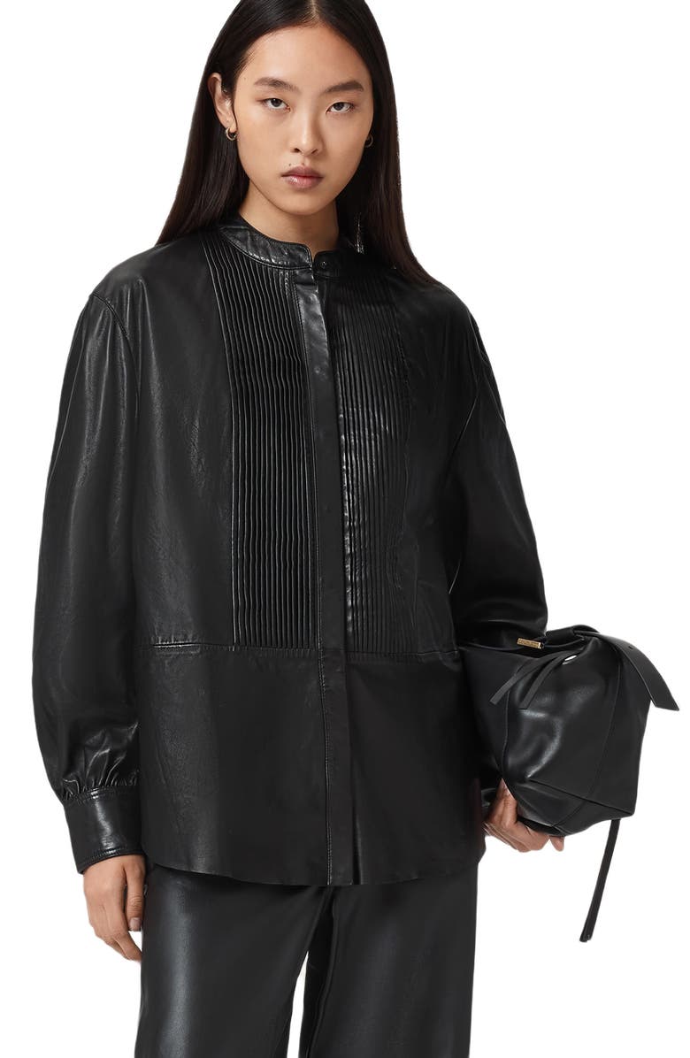AllSaints Sara Pintuck Leather Shirt, Alternate, color, Black
