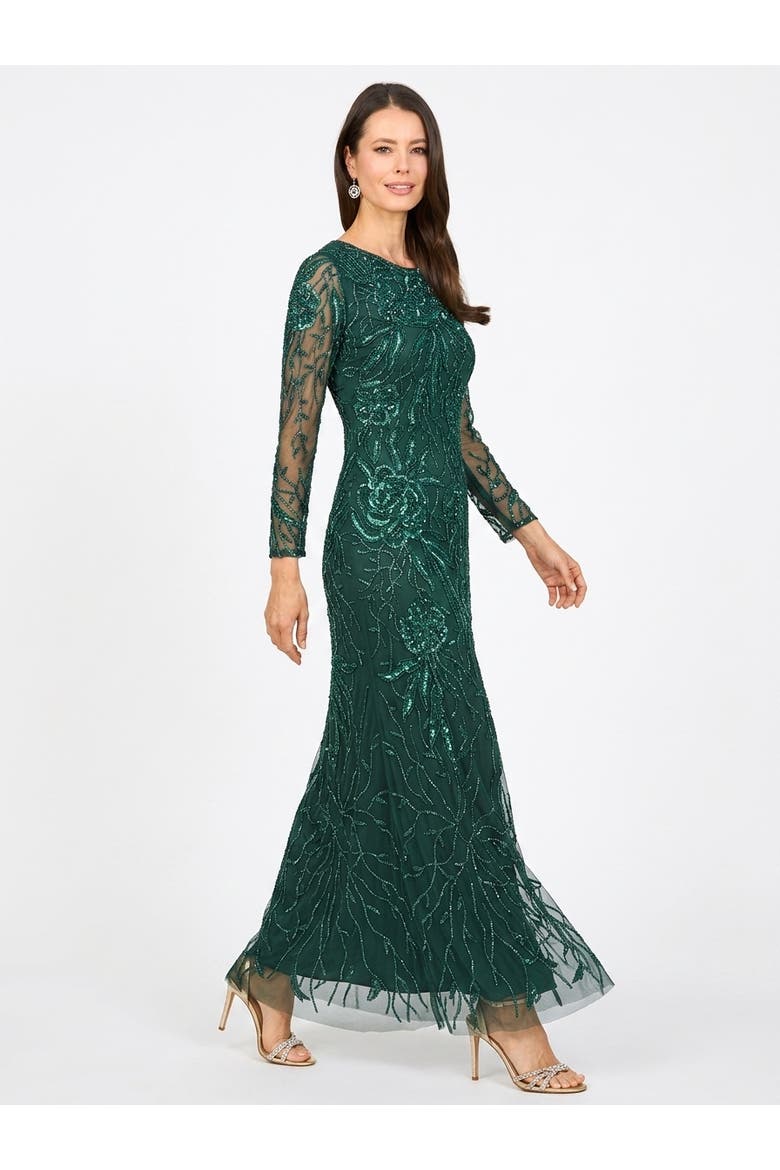 High Neck, Long Sleeve Beaded Gown, Alternate, color, Teal