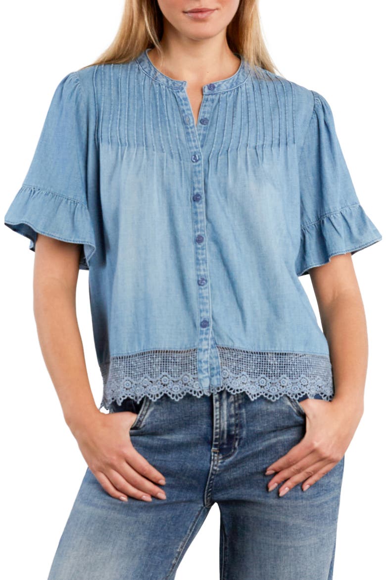 Pleat Button-Up Top, Main, color, PURE DENIM