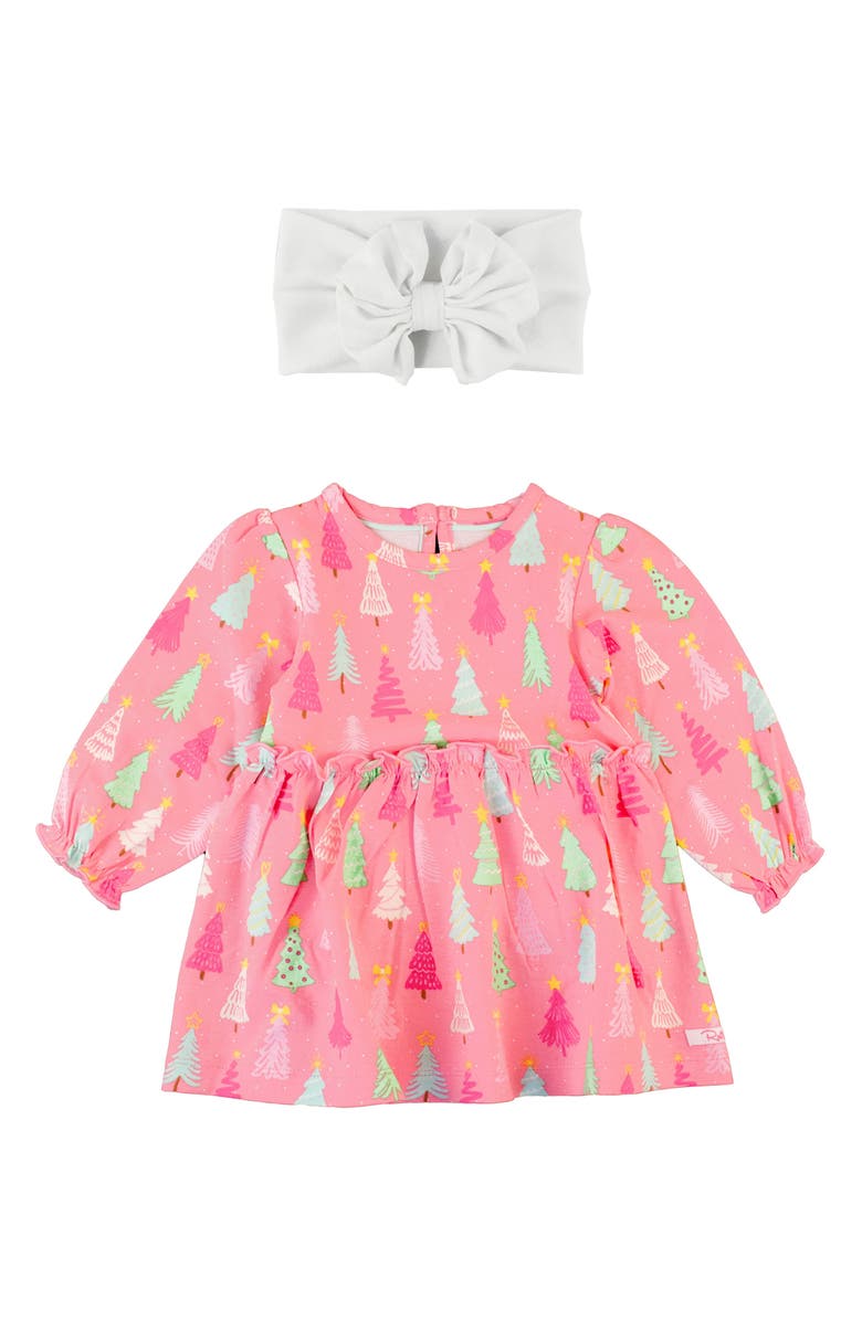 RuffleButts Holiday Tree Print Cotton Jersey Skirted Bodysuit & Headband Set, Main, color,