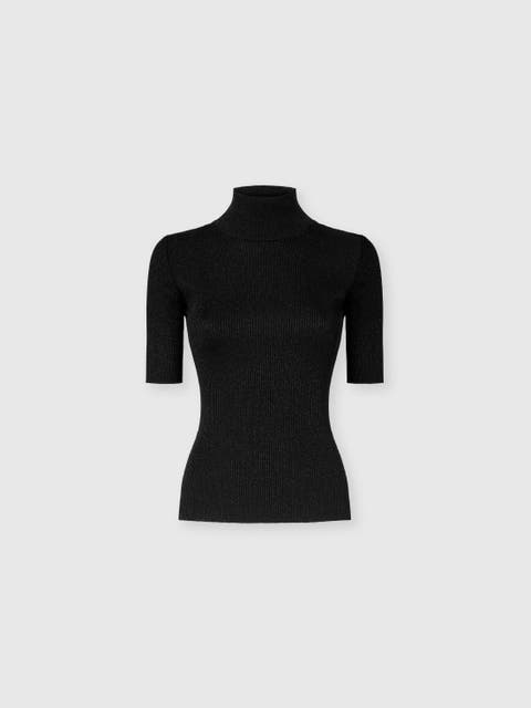 Ribbed Knit Top With High Neck And Short Sleeves