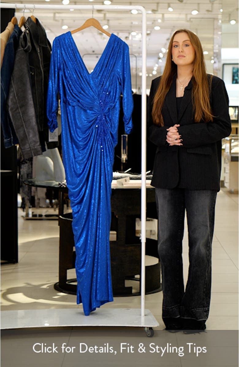 Sequin Floral Detail Metalllic Liquid Jersey Gown, sales video thumbnail