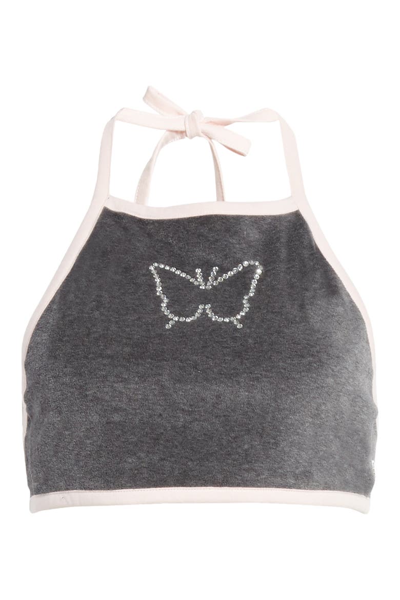x Sandy Liang Crystal Butterfly Terry Halter Top, Alternate, color, ASPHALT