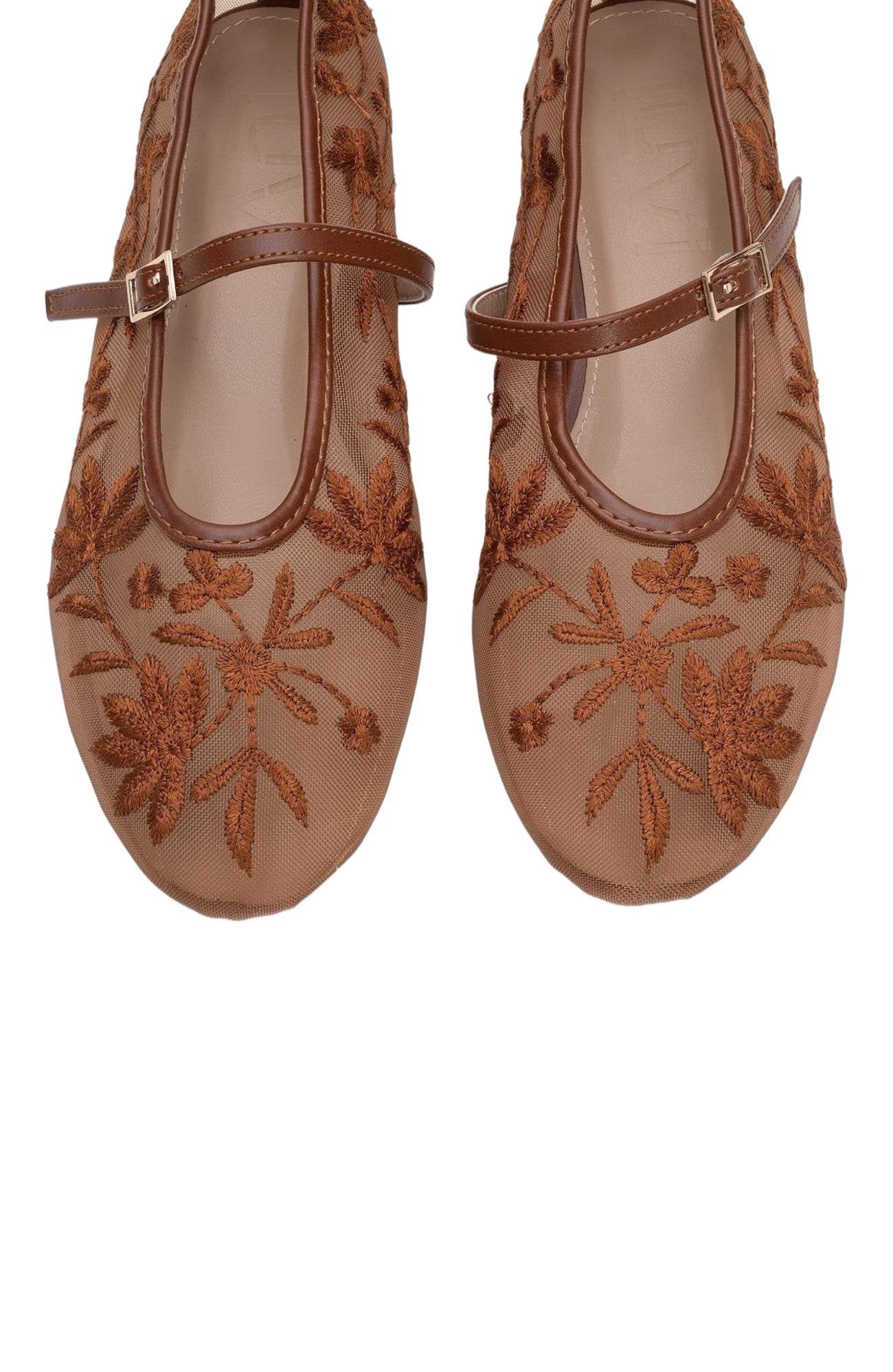 Prologue Shoes Juny Mesh Floral Embroidery Ballet Flat, Alternate, color, Cognac Faux Leather
