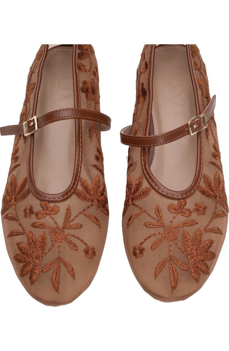 Prologue Shoes Juny Mesh Floral Embroidery Ballet Flat, Alternate, color, Cognac Faux Leather