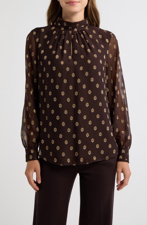 Metallic Shirred Mock Neck Keyhole Top