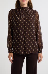 Anne Klein Metallic Shirred Mock Neck Keyhole Top