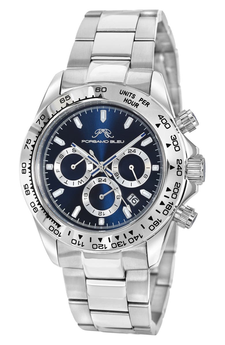 PORSAMO BLEU Men's Preston Multi-Function Dial Stainless Steel Bracelet Watch, 41mm, Main, color, Silver-Blue