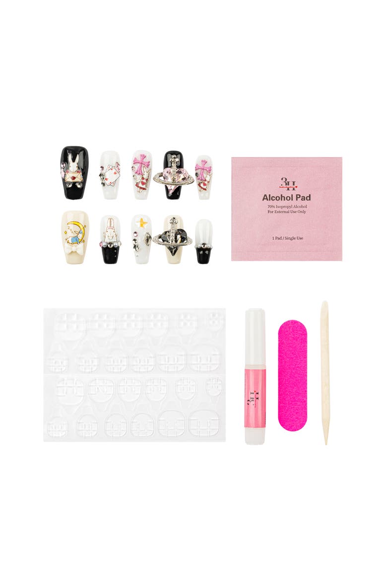 Whimsical Charm Luxury Handmade Press On Nails, Alternate, color, Black, White
