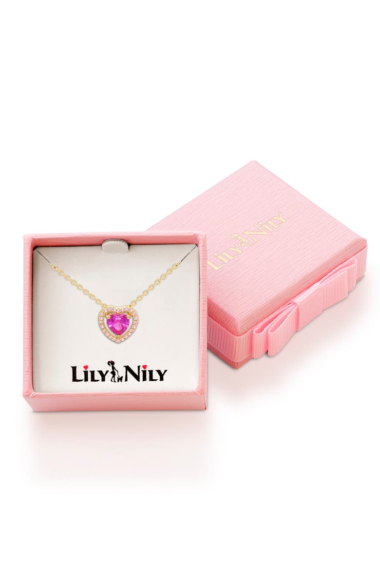 Lily Nily Kids' Cubic Zirconia Heart Halo Necklace, Alternate, color, Dark Pink