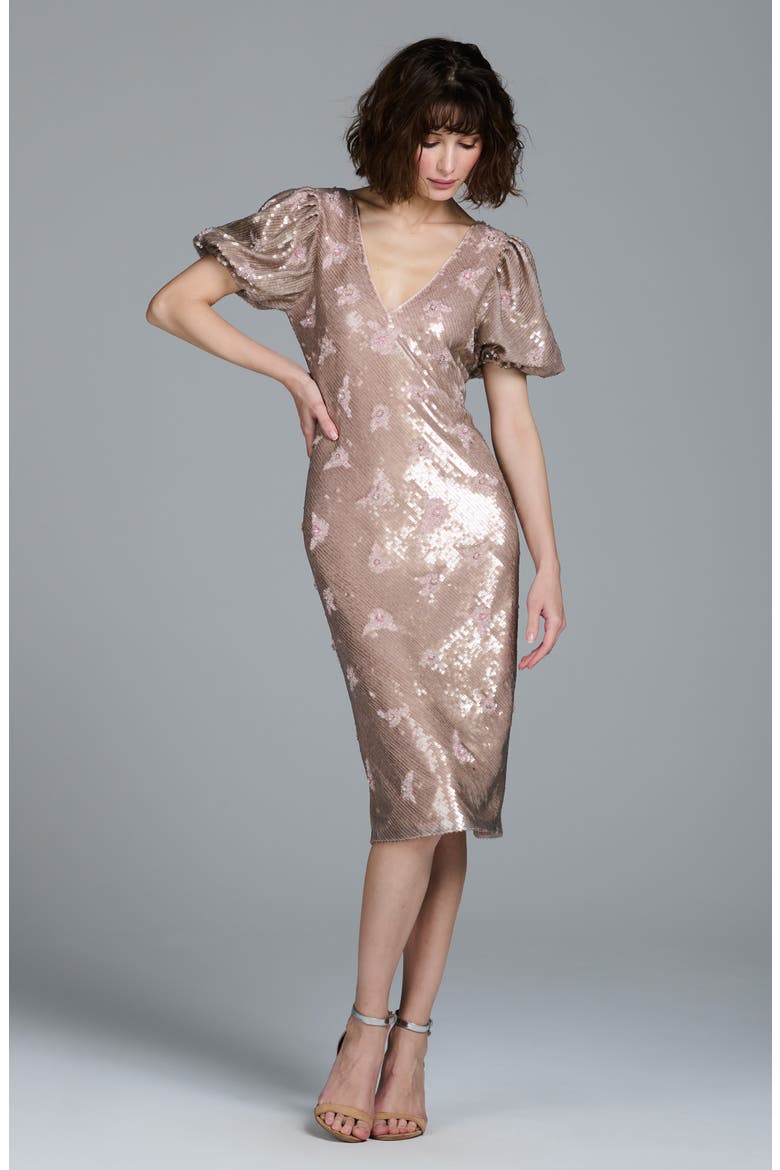Stretch Sequin Floral Cocktail Midi Dress, Alternate, color, BLUSH