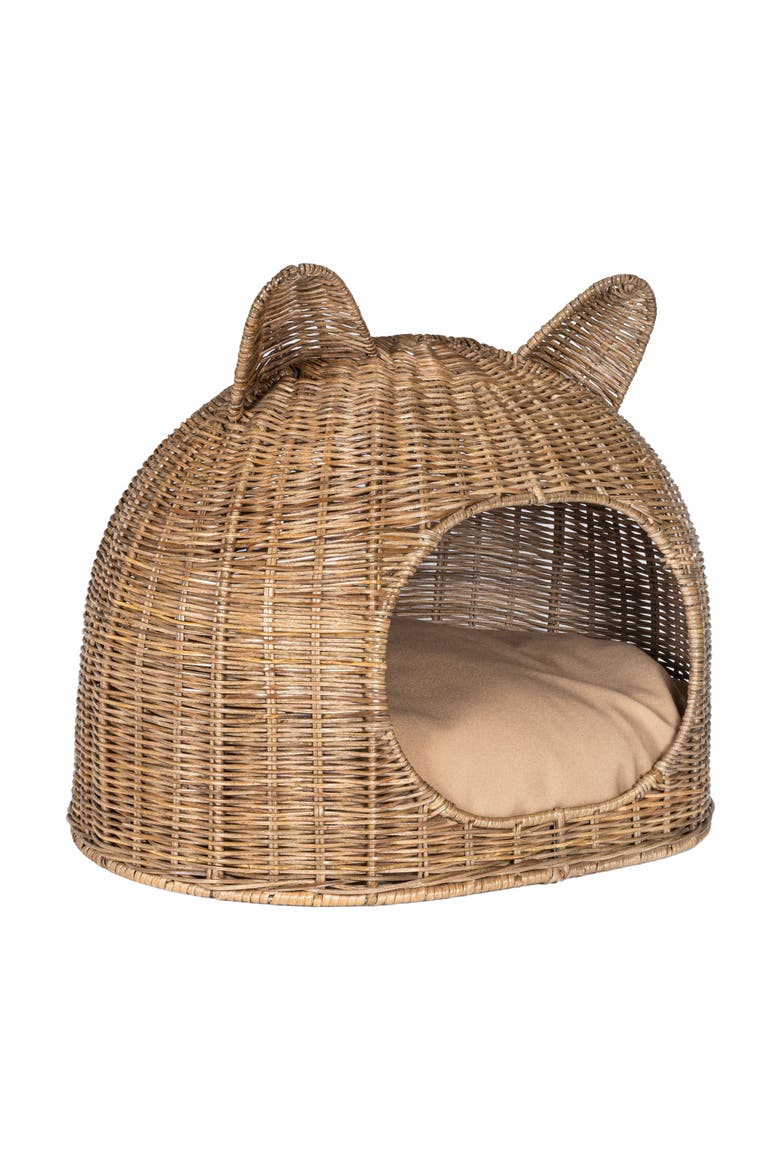 Cat Ear Water Hyacinth Pet Bed with Machine-Washable Cushion, Alternate, color, Natural