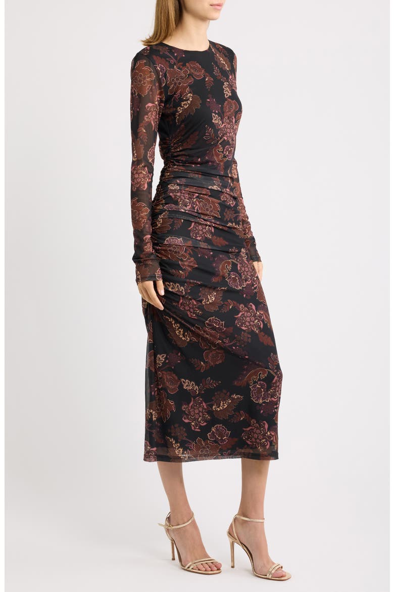 Whispers of Bohemia Floral Long Sleeve Mesh Midi Dress, Alternate, color, BLACK-PLUM-FLORAL